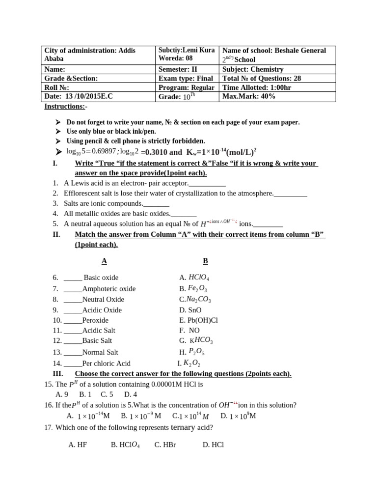 Grade 10 & 11 Chemistry Final Exam | PDF | Redox | Chemical Reactions