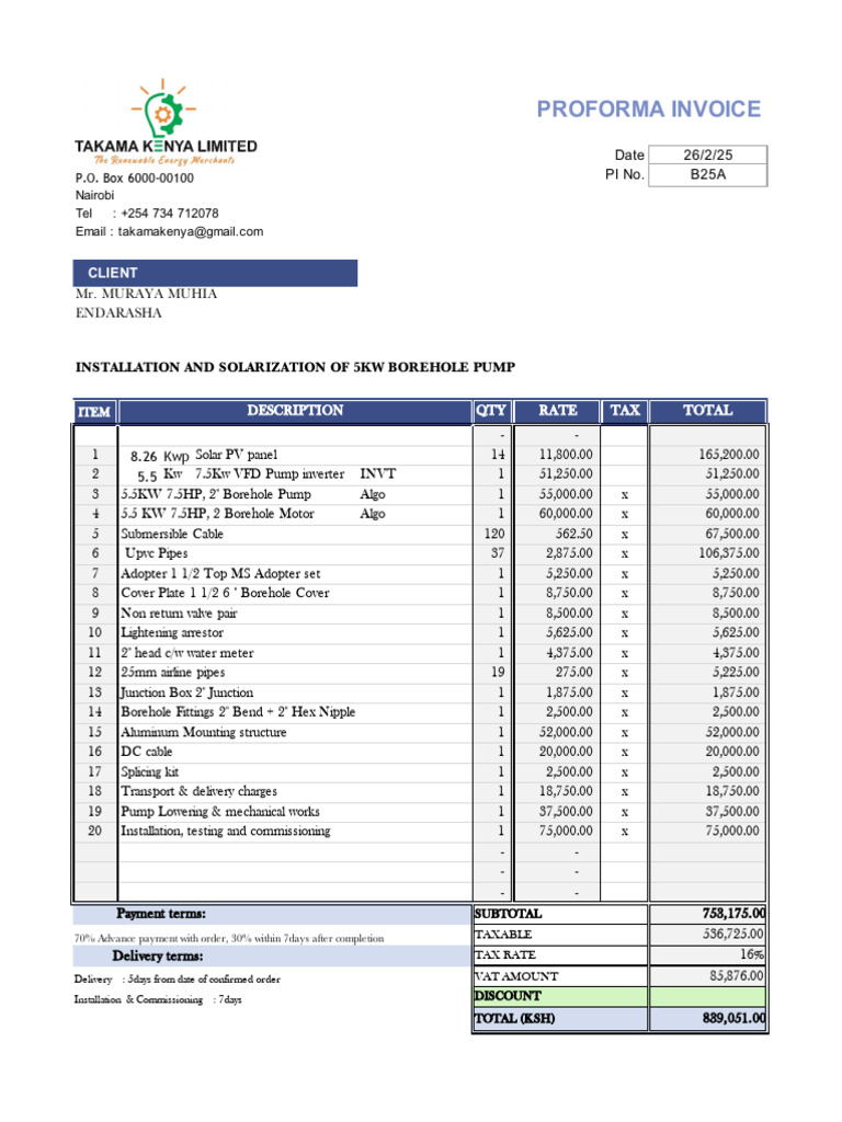 Proforma Invoice for Solar Borehole Pump | PDF | Electric Power ...