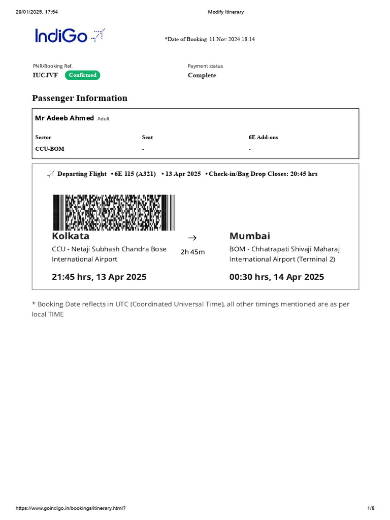 CCU to BOM Flight Itinerary Details | PDF