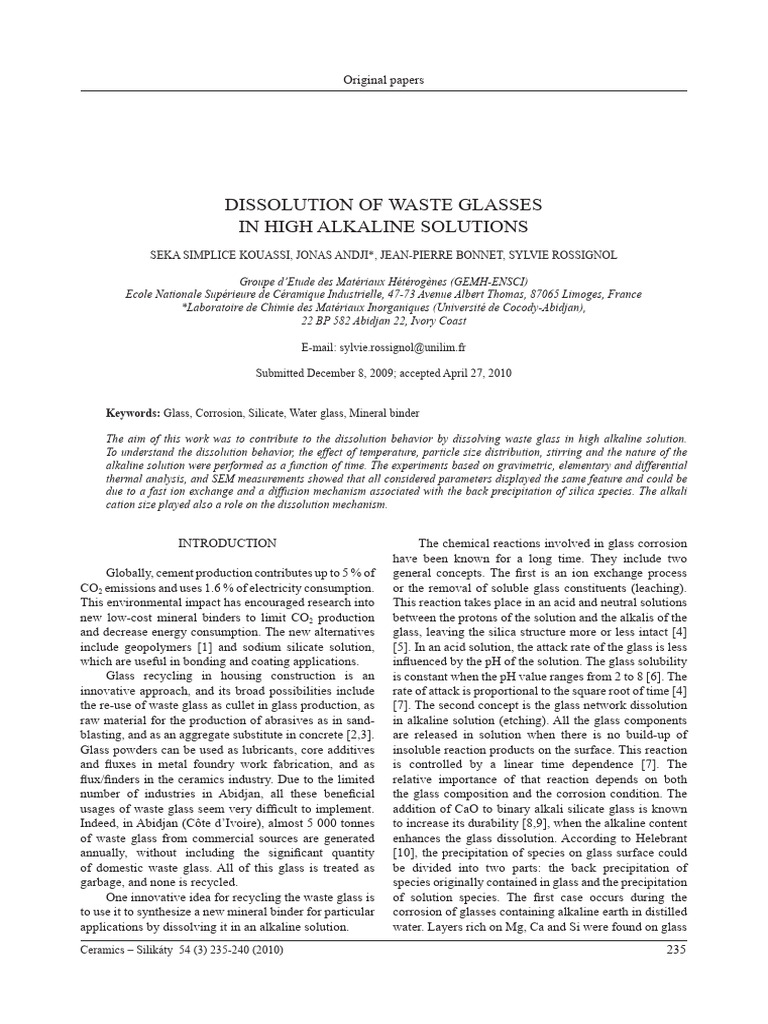 Waste Glass Dissolution in Alkaline Solutions | PDF | Glasses | Solvation