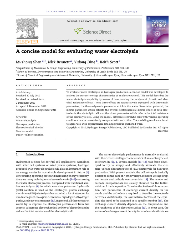 A Concise Model For Evaluating Water Electrolysis | PDF ...
