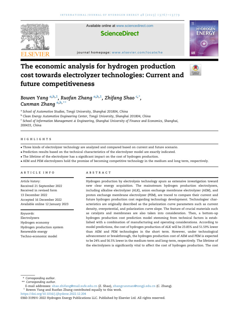 Hydrogen Production Cost Analysis by Electrolyzers | PDF ...