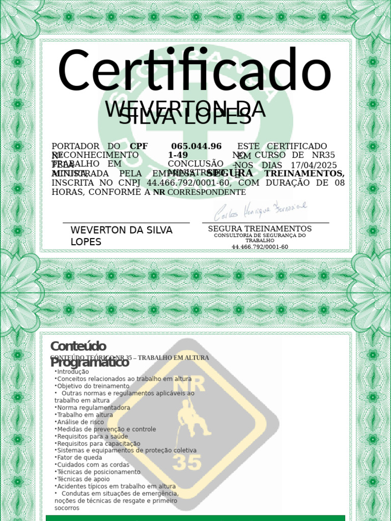Certificados de Treinamento em Segurança | PDF | Paramédico