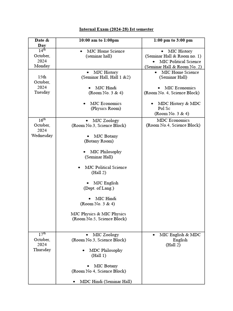 2024 Internal Exam Schedule: 1st Semester | PDF