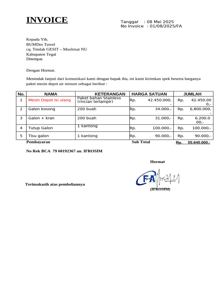 Invoice Penawaran Mesin Depot Air Minum | PDF