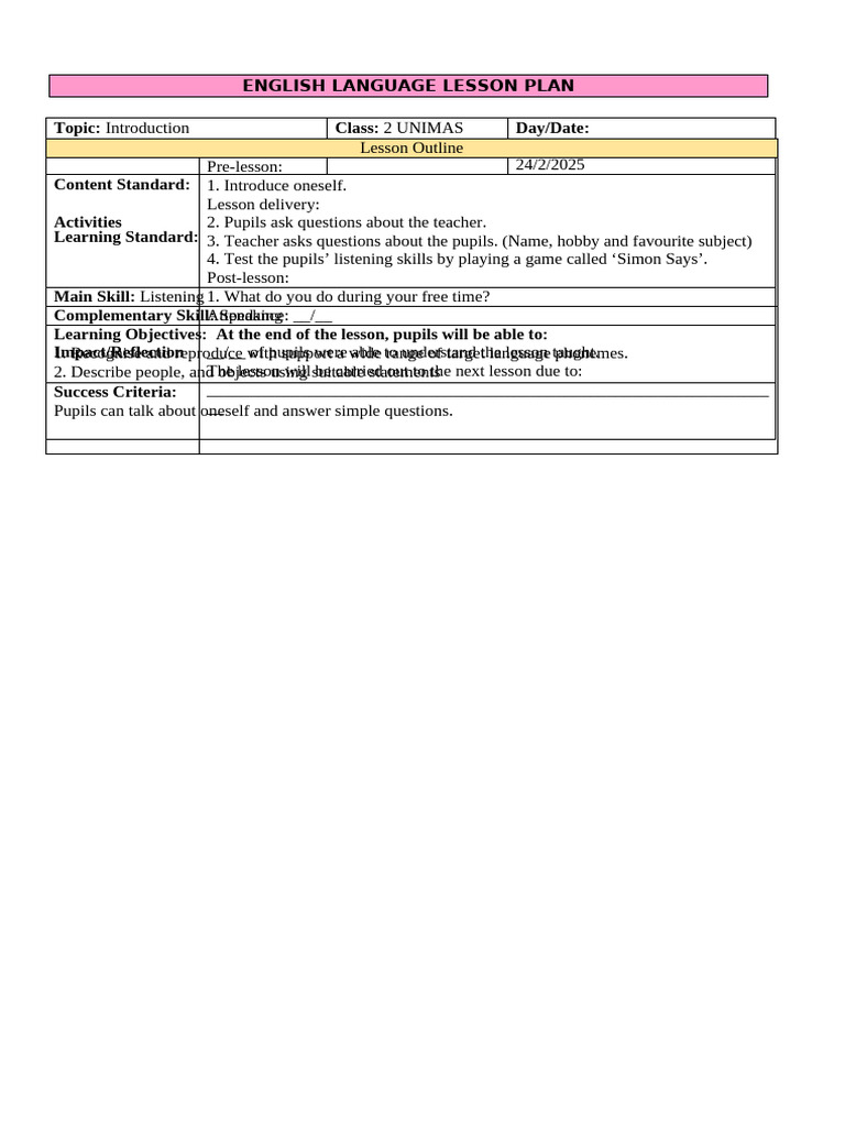 English Lesson Plan for Class 2 | PDF