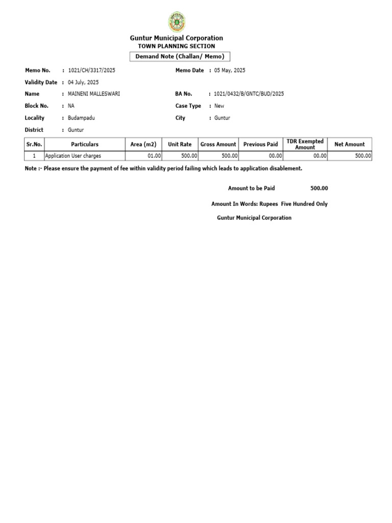 Guntur Municipal Corporation: Demand Note (Challan/ Memo) Town Planning ...