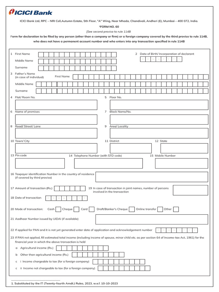 Icici Form 60 | PDF | Identity Document | Income Tax