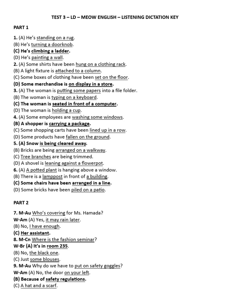 Listening Dictation Key for English Test | PDF