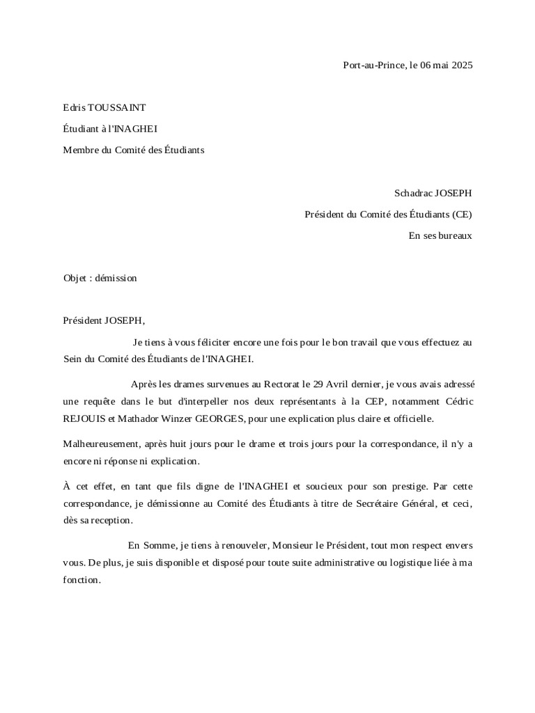 Démission d'Edris Toussaint au CE INAGHEI | PDF