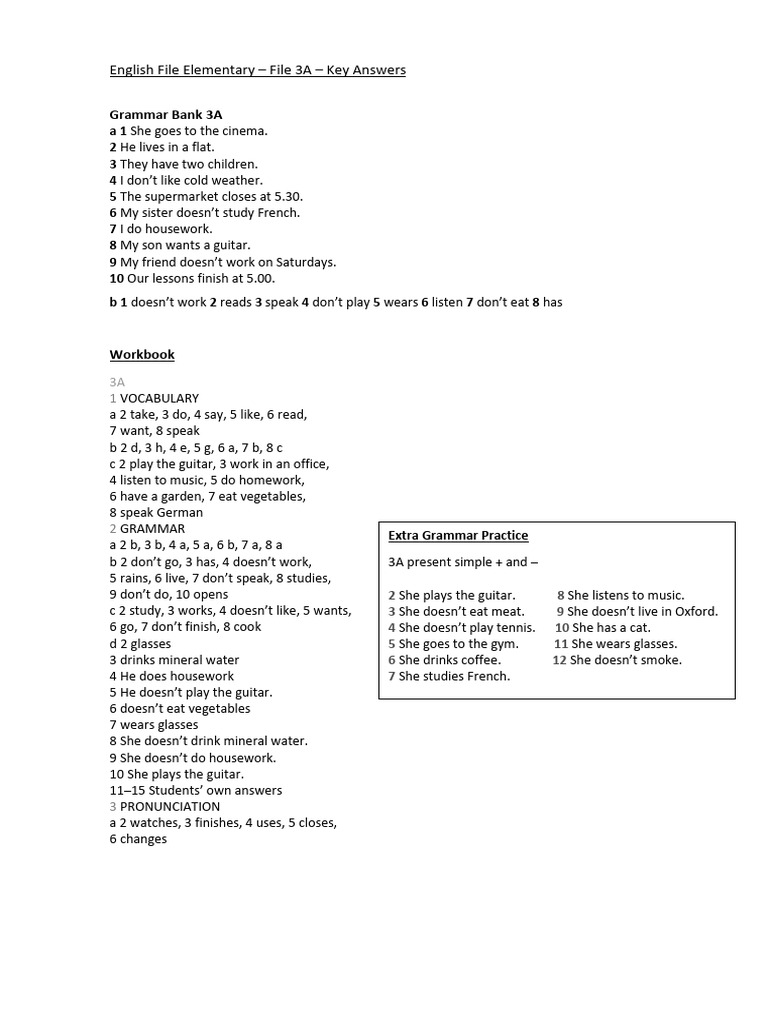 English File Elementary 3A Answer Key | PDF