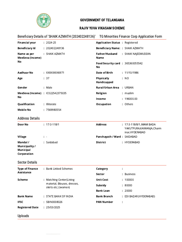 Shaik Azmath's Finance Application Details | PDF