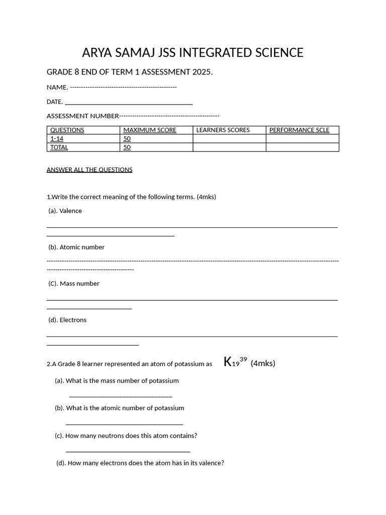 Grade 8 Integrated Science Term 1 Assessment | PDF | Chemical Elements ...