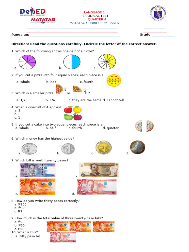 Grade 1 Math Periodical Test Q4 | PDF | Currency