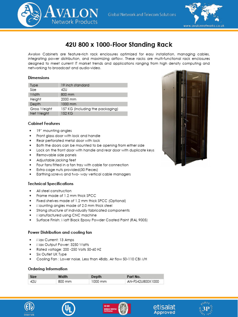 42U 800x1000 Rack Datasheet | PDF | Computers | Technology & Engineering