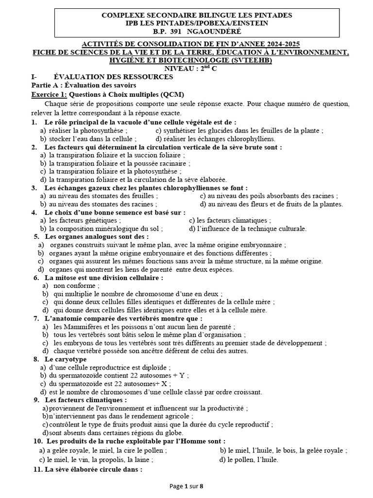Activité D'intégration 2nde C 2024-2025 | PDF | Feuille | Maïs