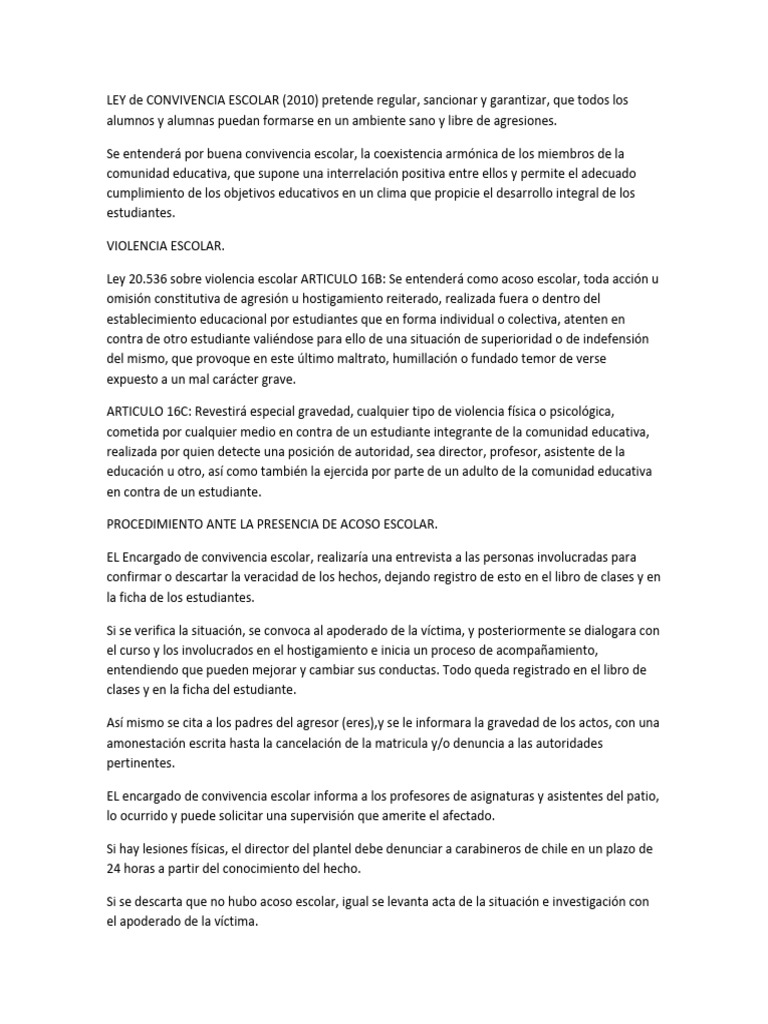 Ley de Convivencia Escolar y Violencia | PDF | Violencia ...