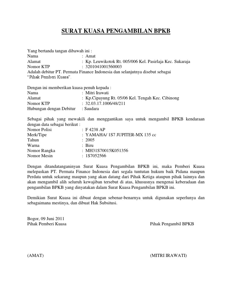 Contoh Surat Kuasa Ambil Bpkb Oto