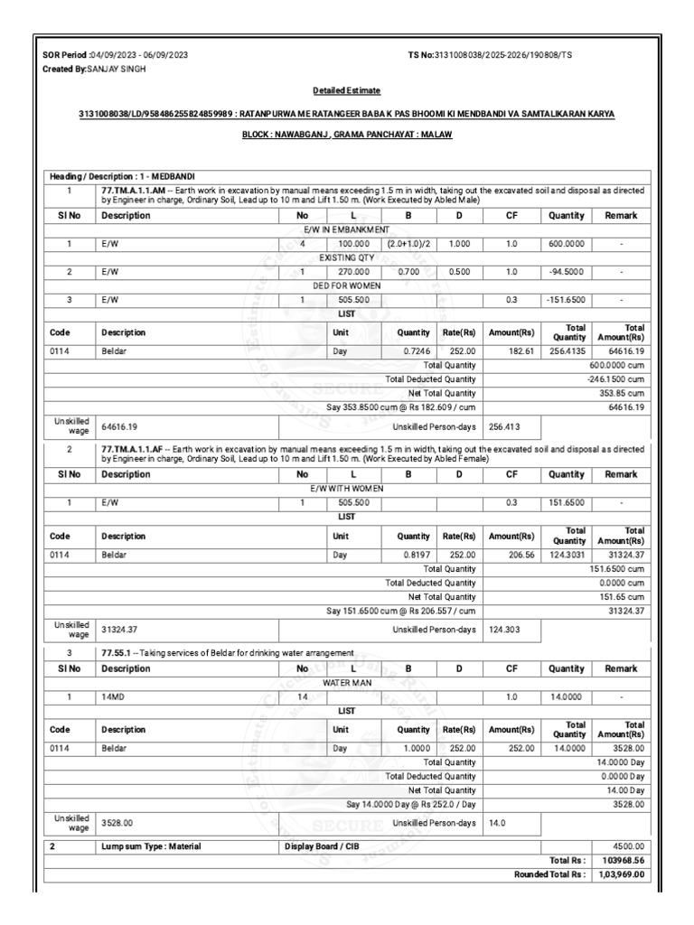 Detailed Estimate for Earthwork Project | PDF