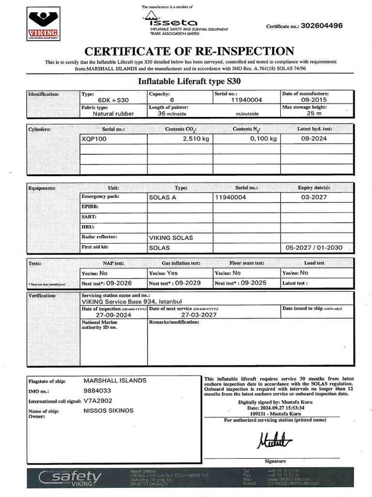 23a LIFERAFT S30 CERT NO. 302604496.o | PDF