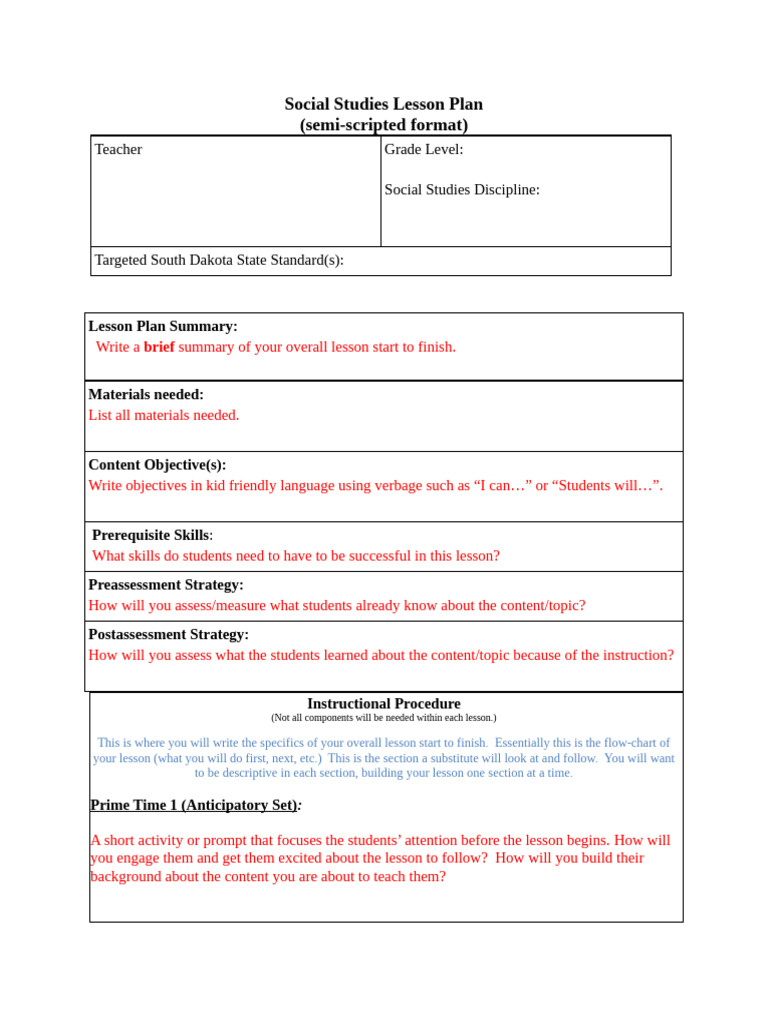 Social Studies Lesson Plan Template | PDF | Learning | Lesson Plan