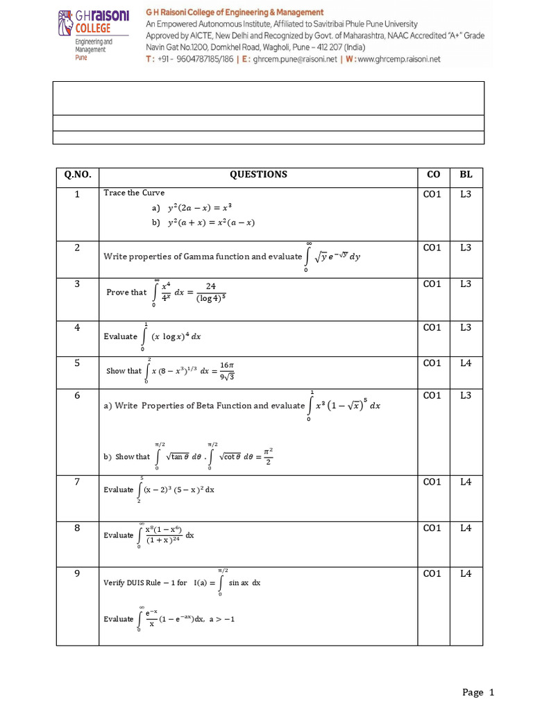 Integral Calculus Question Bank 2024 | PDF | Functions And Mappings ...