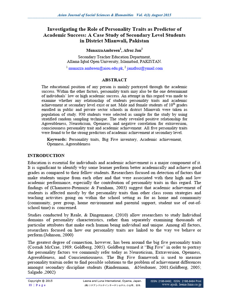 Personality Traits and Academic Success | PDF | Extraversion And ...