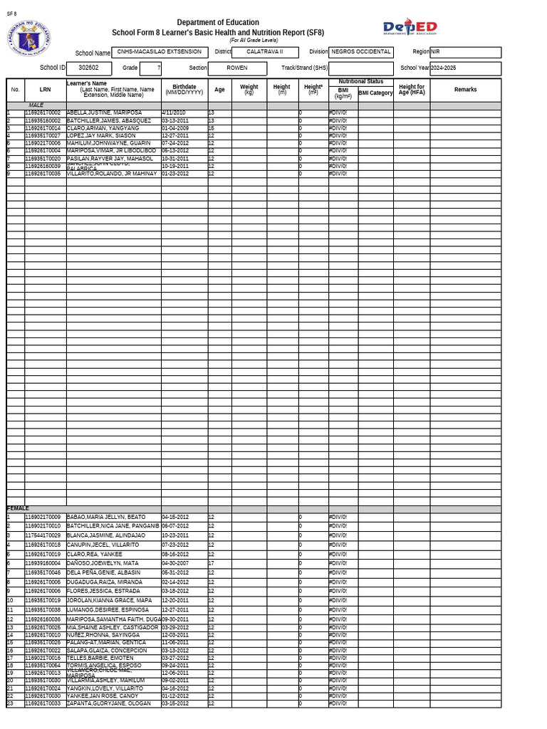 Learner Health & Nutrition Report SF8 | PDF | Body Mass Index | Overweight