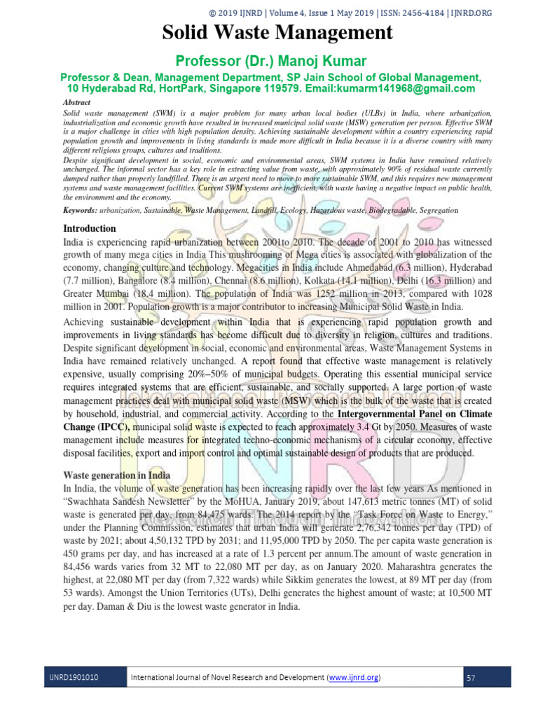 Manoj Kumar Solid Waste Management | PDF | Waste Management | Waste