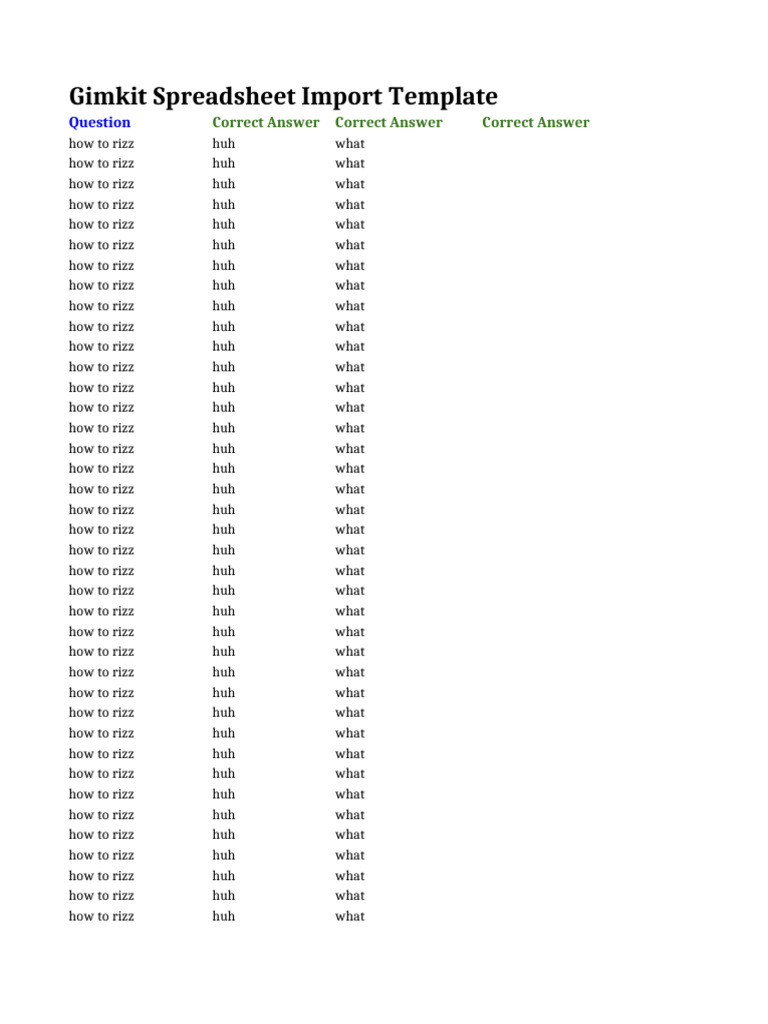 Gimkit Spreadsheet Import Template | PDF