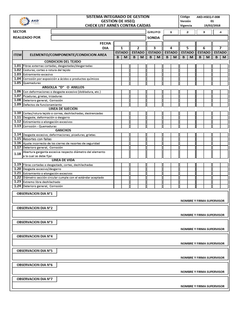 AKD-HSEQ-F-008 Check list Arnés contra Caidas | PDF | Materiales