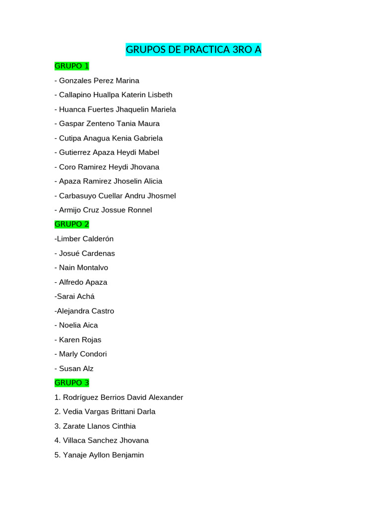 Grupos de Práctica 3ro A - Lista Completa | PDF