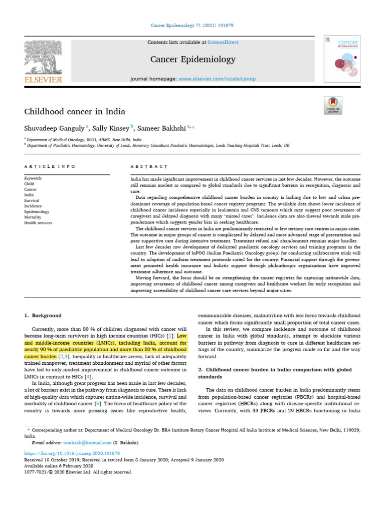 Childhood Cancer Epidemiology in India | PDF | Lymphoma | Cancer