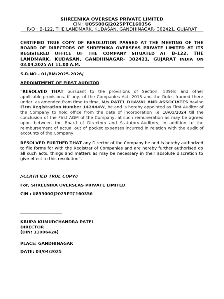 CTR BM Appointment of First Auditor Final | PDF