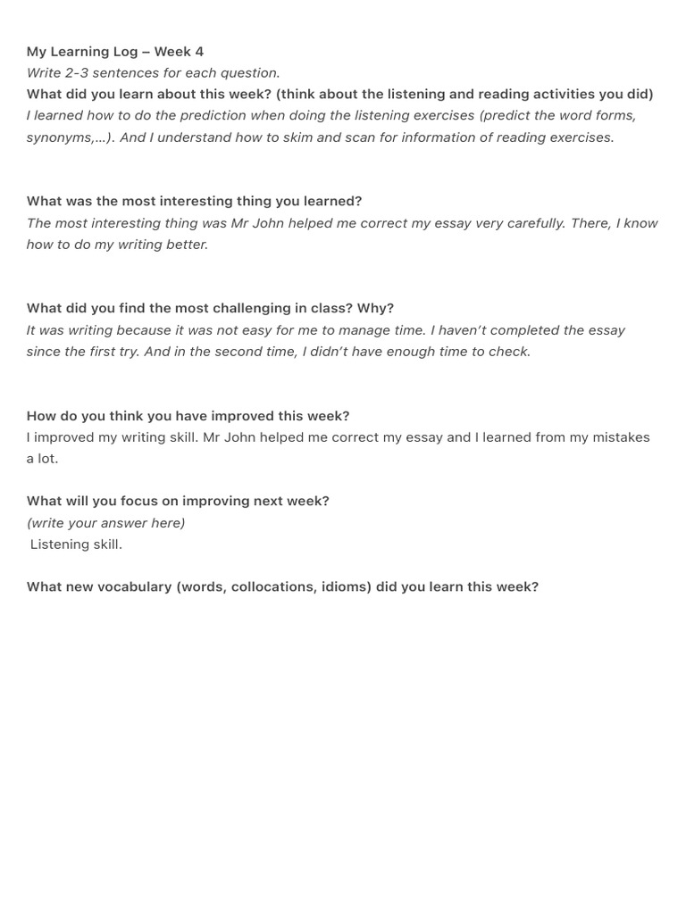 My Learning Log - Week 4 | PDF