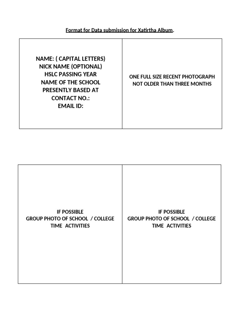 Format for Data Submission for Xatirtha Album | PDF