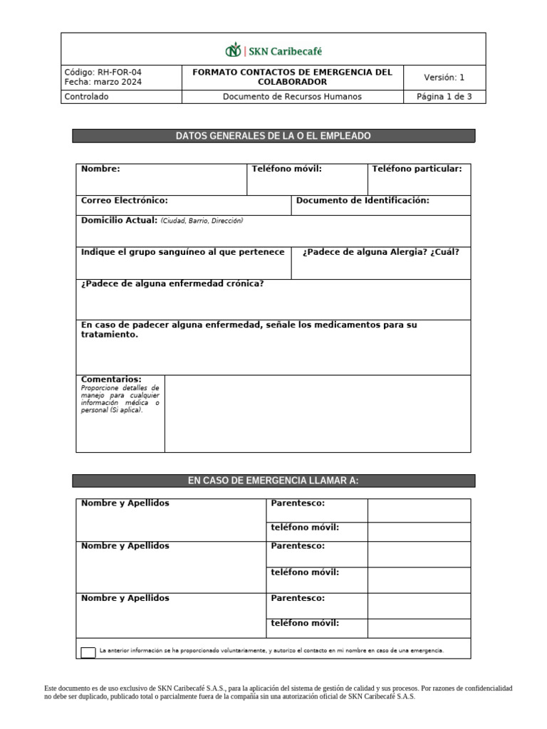 RH-FOR-04 Formato Informacion Emergencia Trabajador V1 | PDF