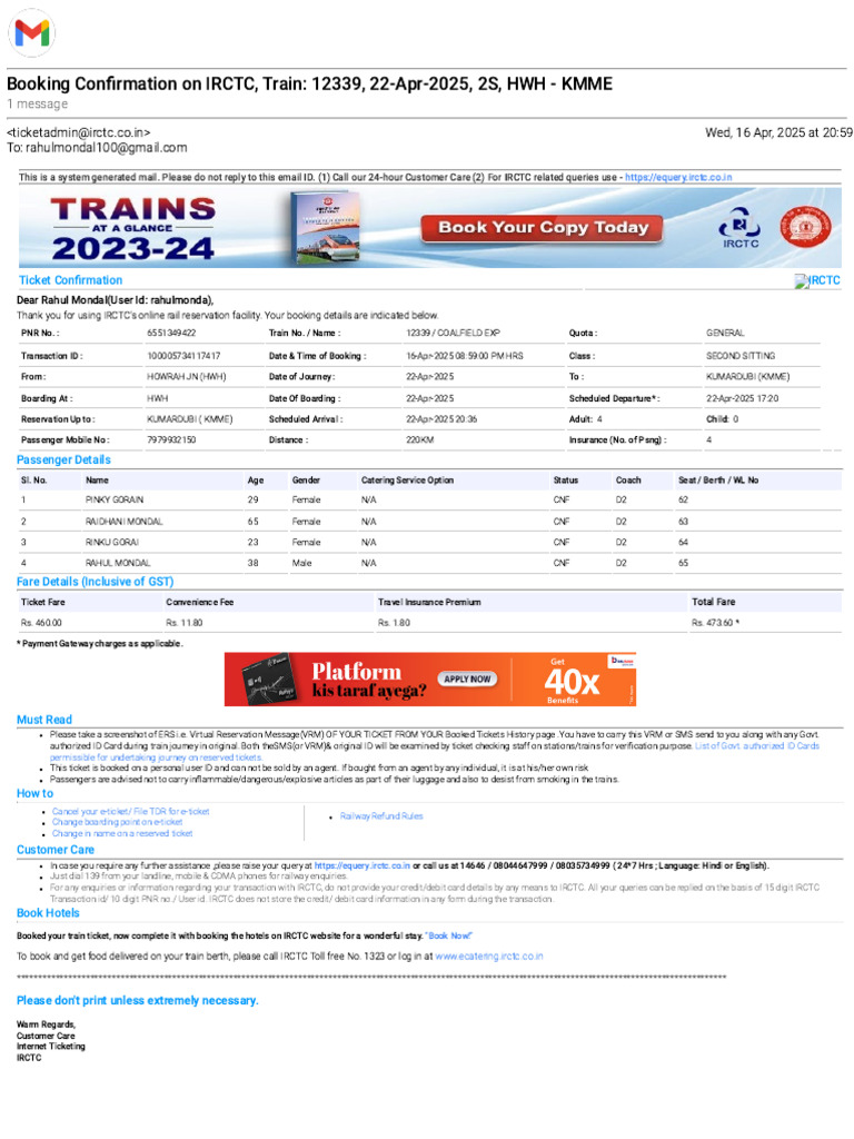 Gmail - Booking Confirmation On IRCTC, Train - 12339, 22-Apr-2025, 2S, HWH  - KMME | PDF | Credit Card | Payments