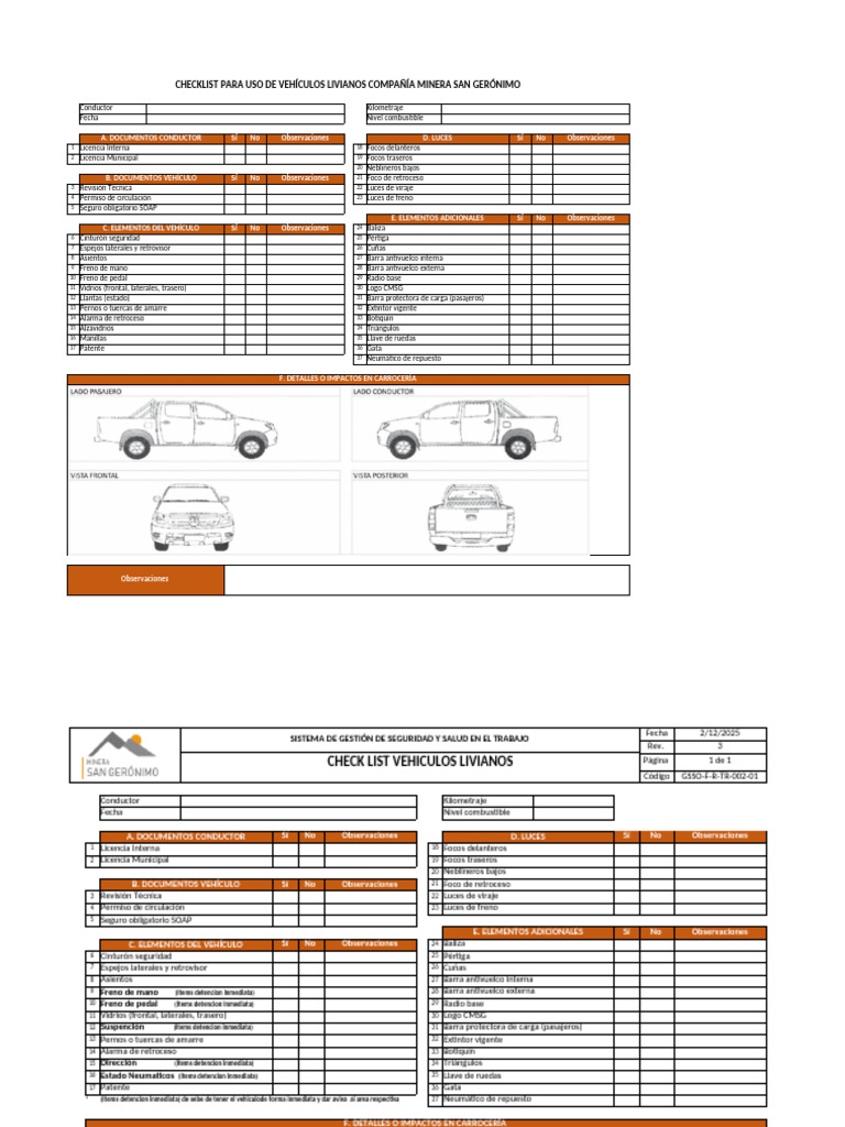 Checklist Vehículos Livianos Minera San Gerónimo | PDF | Estilos de ...