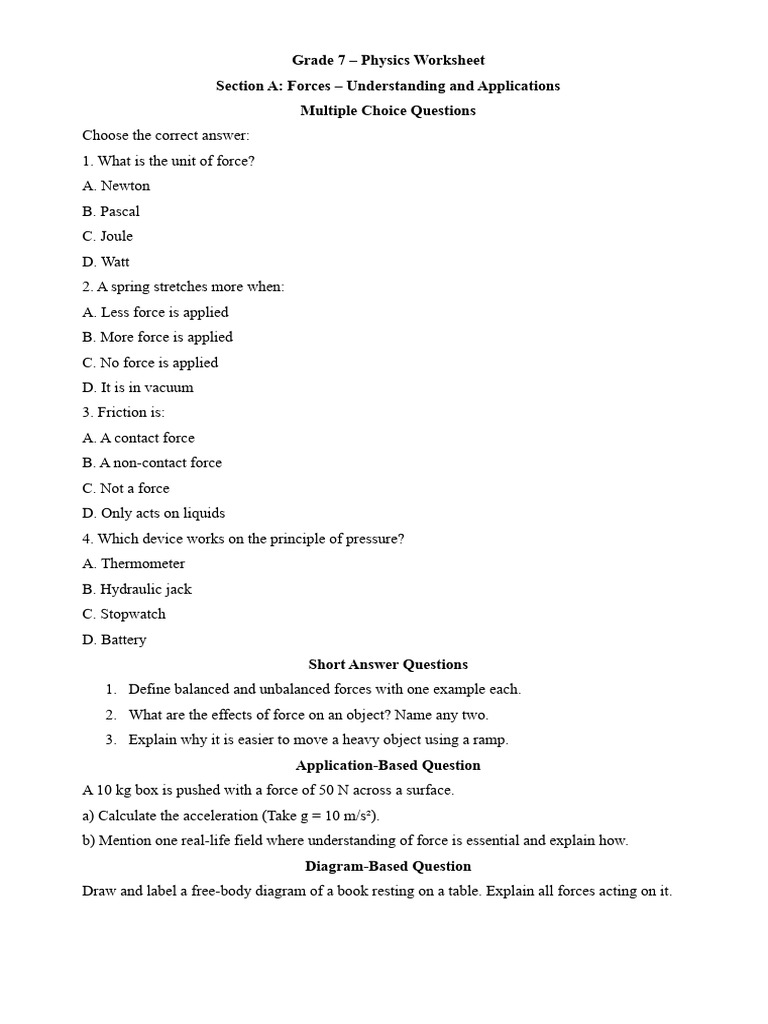 Grade 7 Physics Forces and Motion Worksheet | PDF | Force | Earth