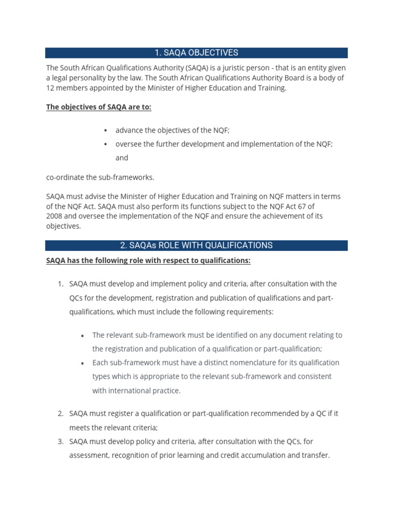 Objectives of the NQF and SAQA Role | PDF