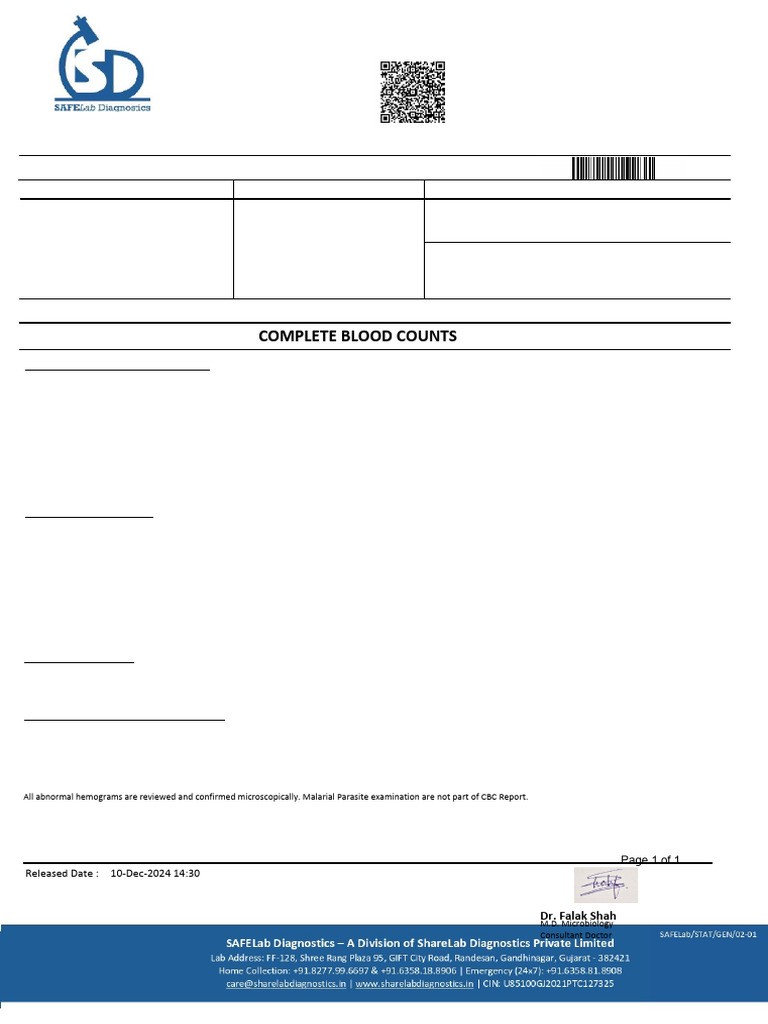 Complete Blood Count Lab Report | PDF | White Blood Cell | Body Fluids