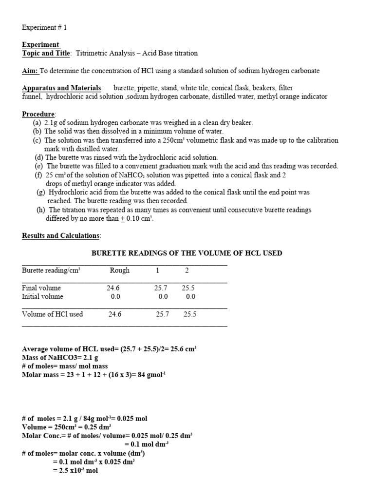 Experiment 1 Andsamplewriteup 2025 | PDF | Titration | Chemistry