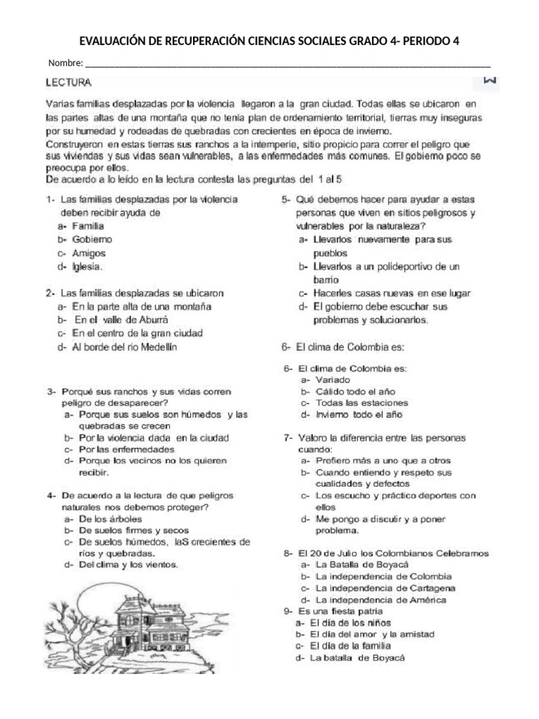 Evaluación de Recuperación Ciencias Sociales Grado 4 | PDF
