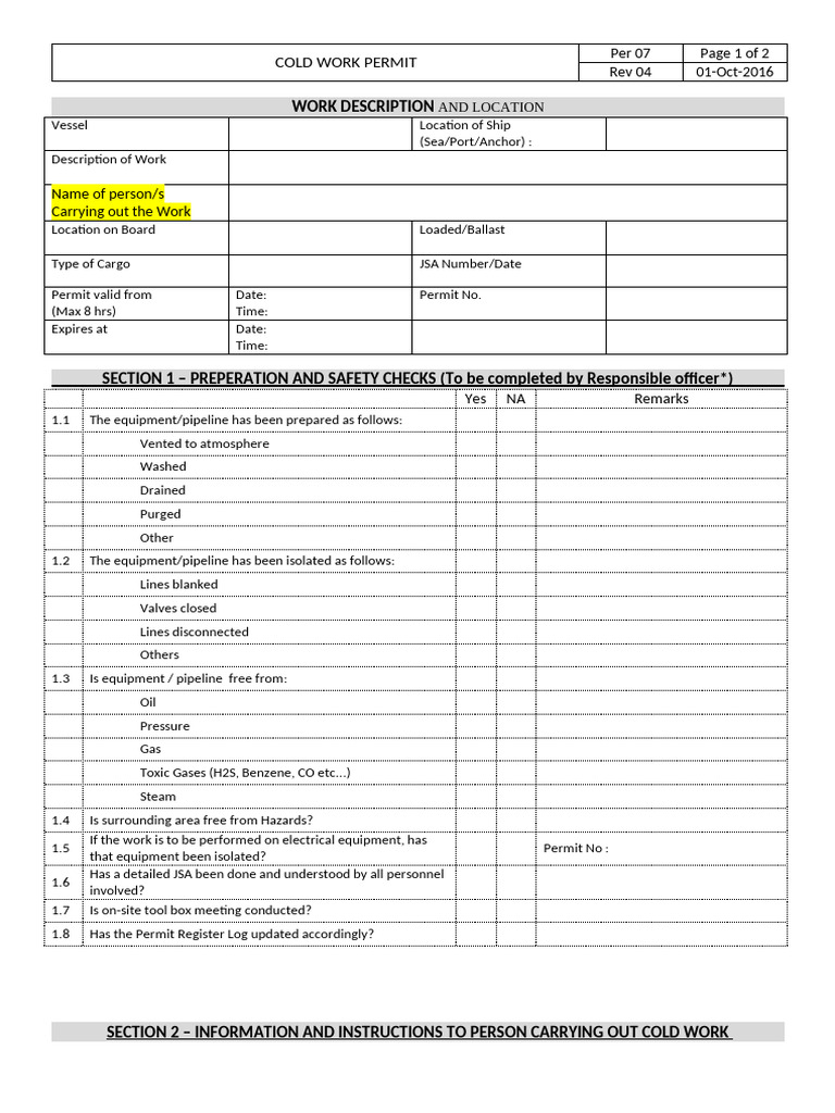 Cold Work Permit Safety Checklist | PDF