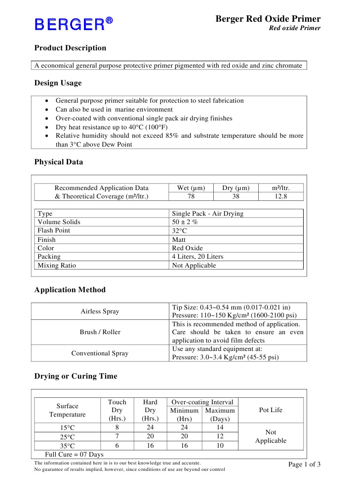 Berger Red Oxide Primer PDF Galvanization Materials