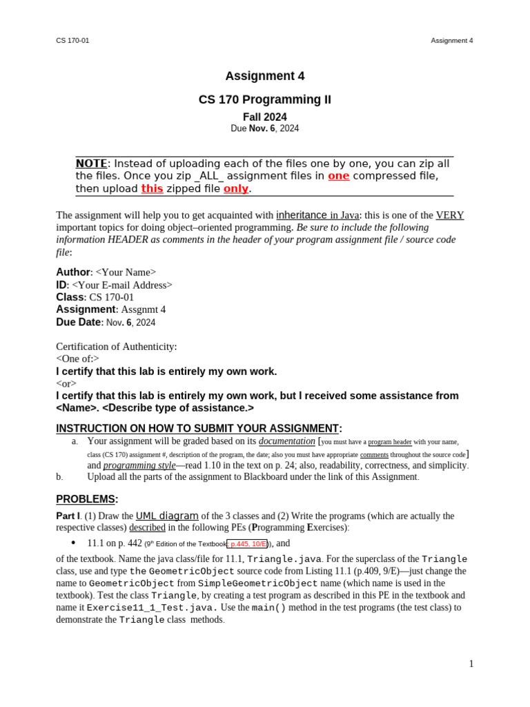 CS 170 Assignment 4: Java Inheritance | PDF | Java (Programming ...
