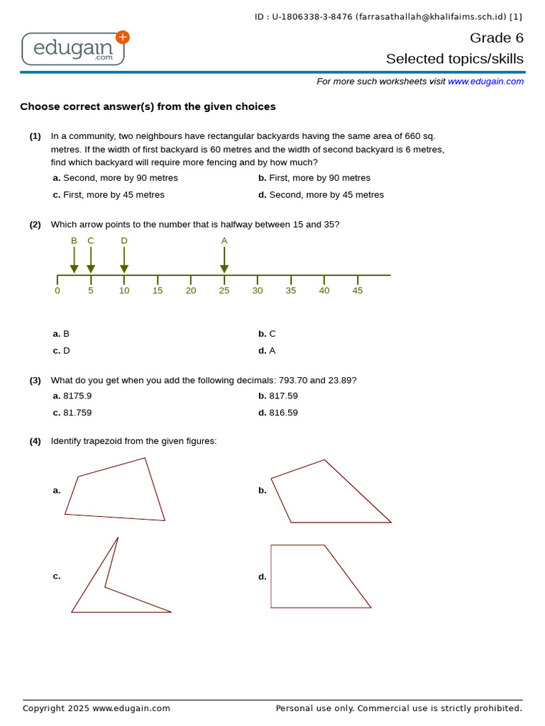 Grade 6 Math Worksheet Solutions | PDF