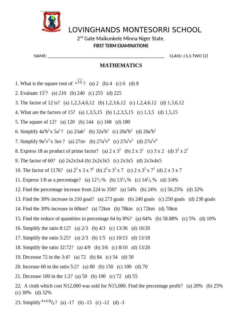 JSS2 First Term Math Exam Questions | PDF | Odds | Mathematics