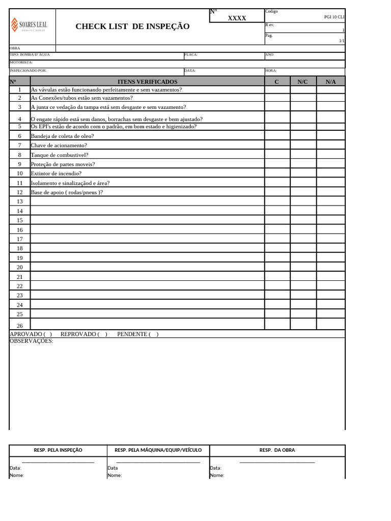 Checklist de Inspeção de Bomba d'Água | PDF